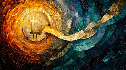 Golden and teal abstract design with a bitcoin symbol.