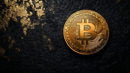 Golden bitcoin coin on a dark textured surface.