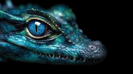 Naklejka premium Close-up of a vibrant green and blue baby crocodile's head