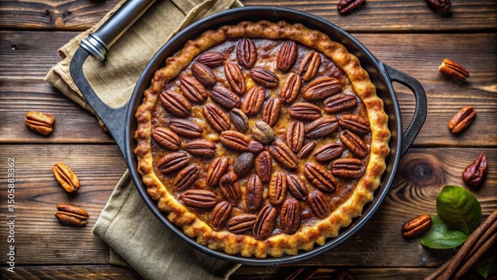 Poster a freshly baked pecan pie in a cast iron skillet, surrounded by scattered nuts and cinnamon sticks o