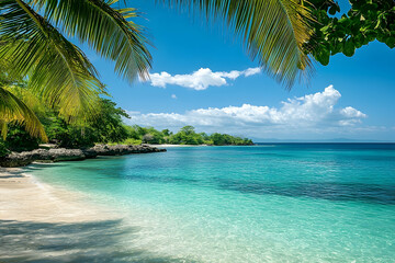 Tropical beach scene with crystal-clear water and lush vegetation.