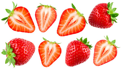 Set of fresh strawberries, whole, halved and sliced, isolated on transparent background