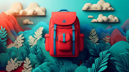 Red backpack surrounded by paper cutouts of mountains and foliage.