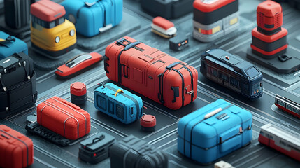 Colorful, geometric luggage and transportation models arranged on a textured surface.