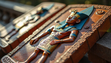 Two Bronze Colored Egyptian Art Style Plaques depicting Pharaoh Detailed Carvings representing Decoration Souvenirs with copy space