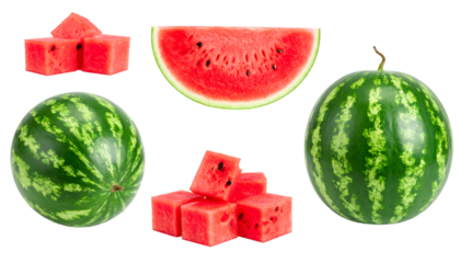 Set of whole, sliced and diced watermelon isolated on transparent background