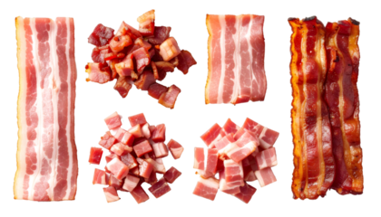 Set of raw, cooked and chopped bacon isolated on transparent background