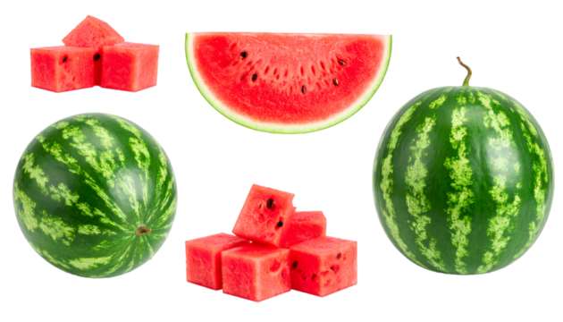Set of whole, sliced and diced watermelon isolated on transparent background