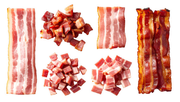 Set of raw, cooked and chopped bacon isolated on transparent background
