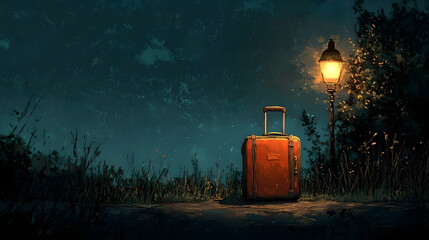 A solitary suitcase sits beneath a streetlamp on a moonless night.