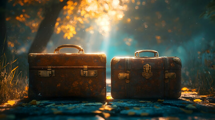 Two vintage suitcases on a stone path in an autumnal setting.