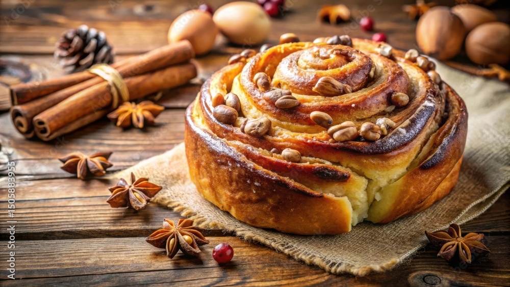 Poster a close-up of a sweet cinnamon roll, drizzled with glaze and topped with nuts, set on a rustic woode