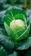 Fresh Green Cabbage With Dew Drops in a Lush Garden During Early Morning Light.