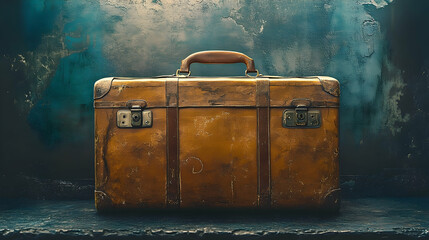Aged suitcase on a dark surface against a teal wall.
