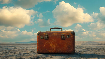 Aged suitcase rests on a dusty plain beneath a vast sky.