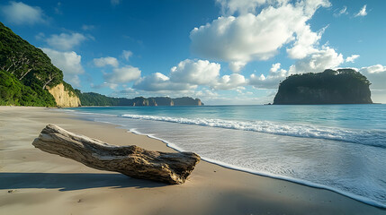 Tranquil beach scene with driftwood on a sunny day.