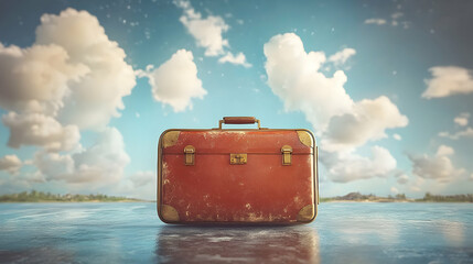 Aged suitcase on a tranquil body of water.