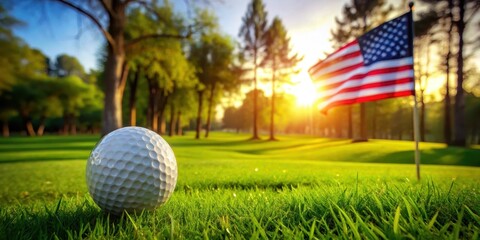 Obraz premium A golf ball sitting on a lush green grass with the American flag visible in the background