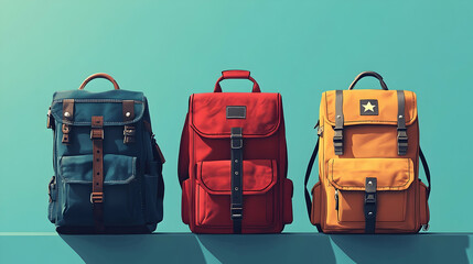 Three colorful backpacks arranged in a row.