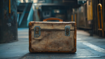Aged suitcase rests on a dark surface.