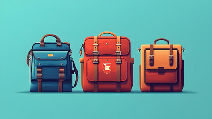Three colorful backpacks in a row against a teal background.