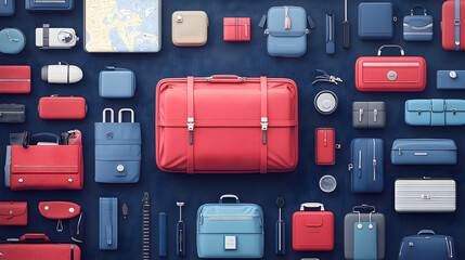 Variety of travel bags and accessories arranged on a surface.