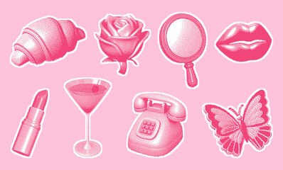 Set of pixel halftone pinkcore stickers: croissant, rose, mirror, lips, lipstick, martini, phone, butterfly. Perfect for Y2K collages, girly designs, prints, and trendy pop visuals.