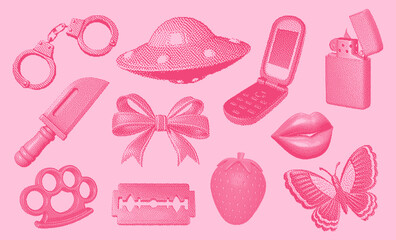 Bold pink pixel set with mix of sweet and dangerous. Knife, bow, phone, butterfly, strawberry, lips, handcuffs, razor. Perfect for Y2K collages, alternative aesthetic posters, and digital sticker set.