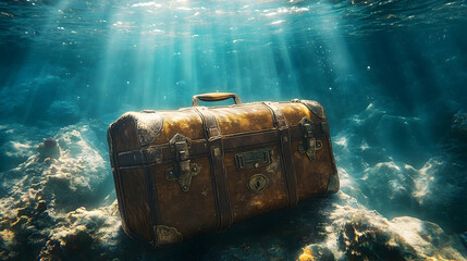 Antique chest rests on underwater rocks.