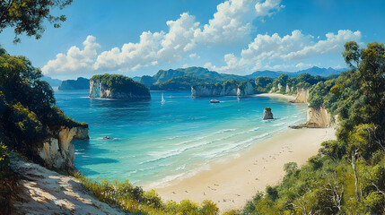 A tranquil coastal scene with a sandy beach and lush vegetation.