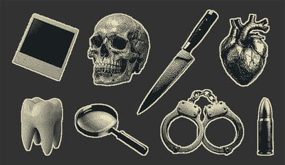 Grunge pixel set with skull, heart, knife, tooth, handcuffs, bullet, and magnifier. Perfect for true crime designs, dark aesthetics, mystery covers, and forensic collages.