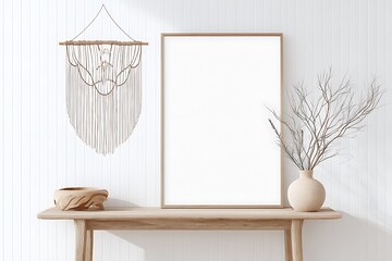 Minimalist white poster mockup in wooden frame with boho interior background