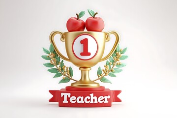 Bright trophy with ribbon, apples, and "Teacher" text on white background.