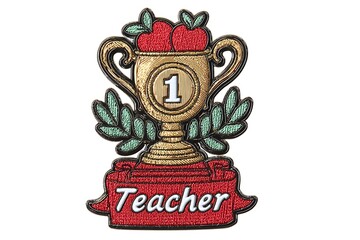 Bright trophy with ribbon, apples, and "Teacher" text on white background.