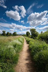 Obraz premium serene path winding through tranquil field surrounded by lush greenery and wildflowers under ultrabright blue sky