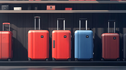 Colorful luggage displayed on shelves.