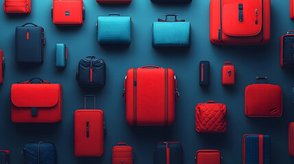 Assorted travel bags and suitcases in various colors.