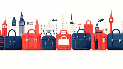 Travel bags arranged in front of london landmarks.