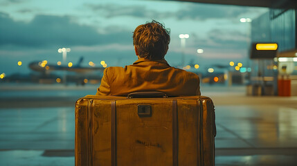 Person sits with luggage at the airport, watching airplanes.
