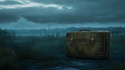 Aged suitcase resting in a misty field under a cloudy sky.