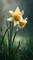 Fototapeta premium Beautiful Daffodils Blooming in a Misty Garden During Early Morning Light