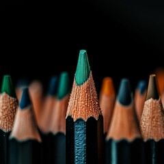 Green Pencil Tip Stands out Among Colorful Sharpened Pencils in Dark Background.