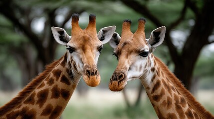 Obraz premium Giraffes interacting in the serene savannah of Serengeti with one displaying a joyful expression and the other observing the surroundings