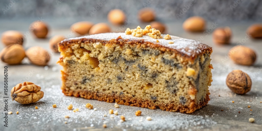 Poster a close-up shot of a single slice of freshly baked cake, featuring a sprinkle of powdered sugar and 