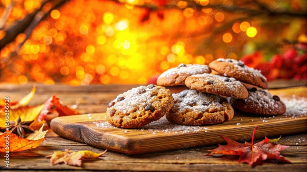 Poster golden brown cookies sprinkled with powdered sugar resting on a wooden cutting board with autumn lea
