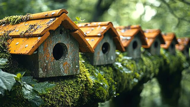 A row of rustic birdhouses nestled among lush green foliage in a tranquil forest setting