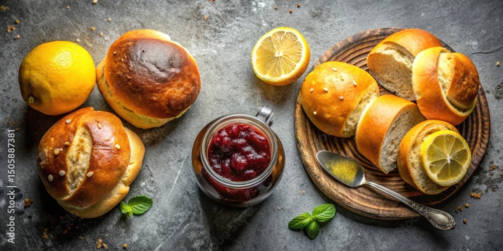 Poster freshly baked bread rolls with sweet cherry jam and lemon slices on a rustic tabletop