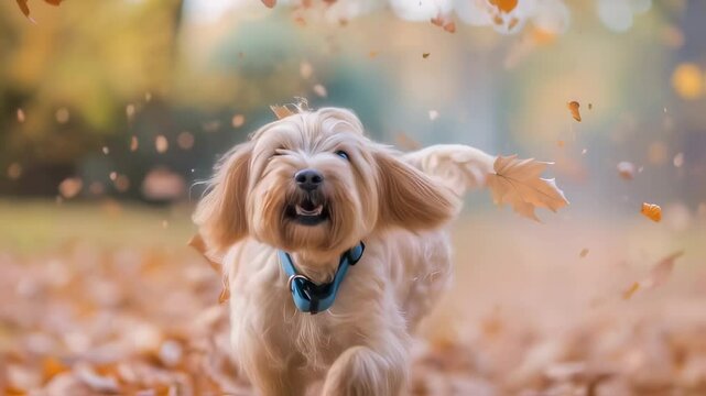 Small Havanese dog running through fallen leaves, wearing blue collar. Autumn forest background with scattered orange leaves. Dynamic motion with falling foliage.