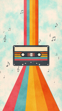 retro cassette tape with music notes on halftone paper texture , retro party musical nightclub party vertical social media background