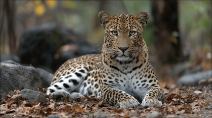Fototapeta premium Majestic leopard resting in the savanna under golden sunlight, showcasing its grace and beauty in a tranquil moment of wildlife observation